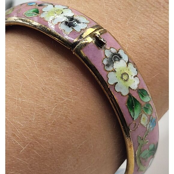Vintage Pink Blue Flower Cloisonne Hinged  Bangle Bracelet 7.5in - Picture 3 of 6